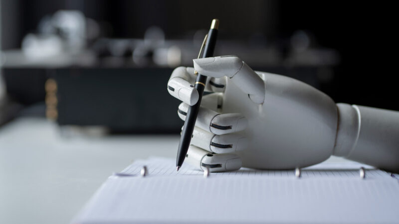 Artificial robotic arm writing down some notes
